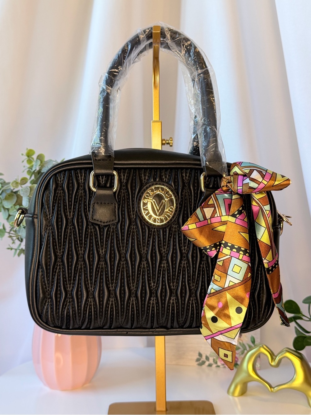Valentino Orlandi Black Quilted Satchel with Multicolor Silk Scarf